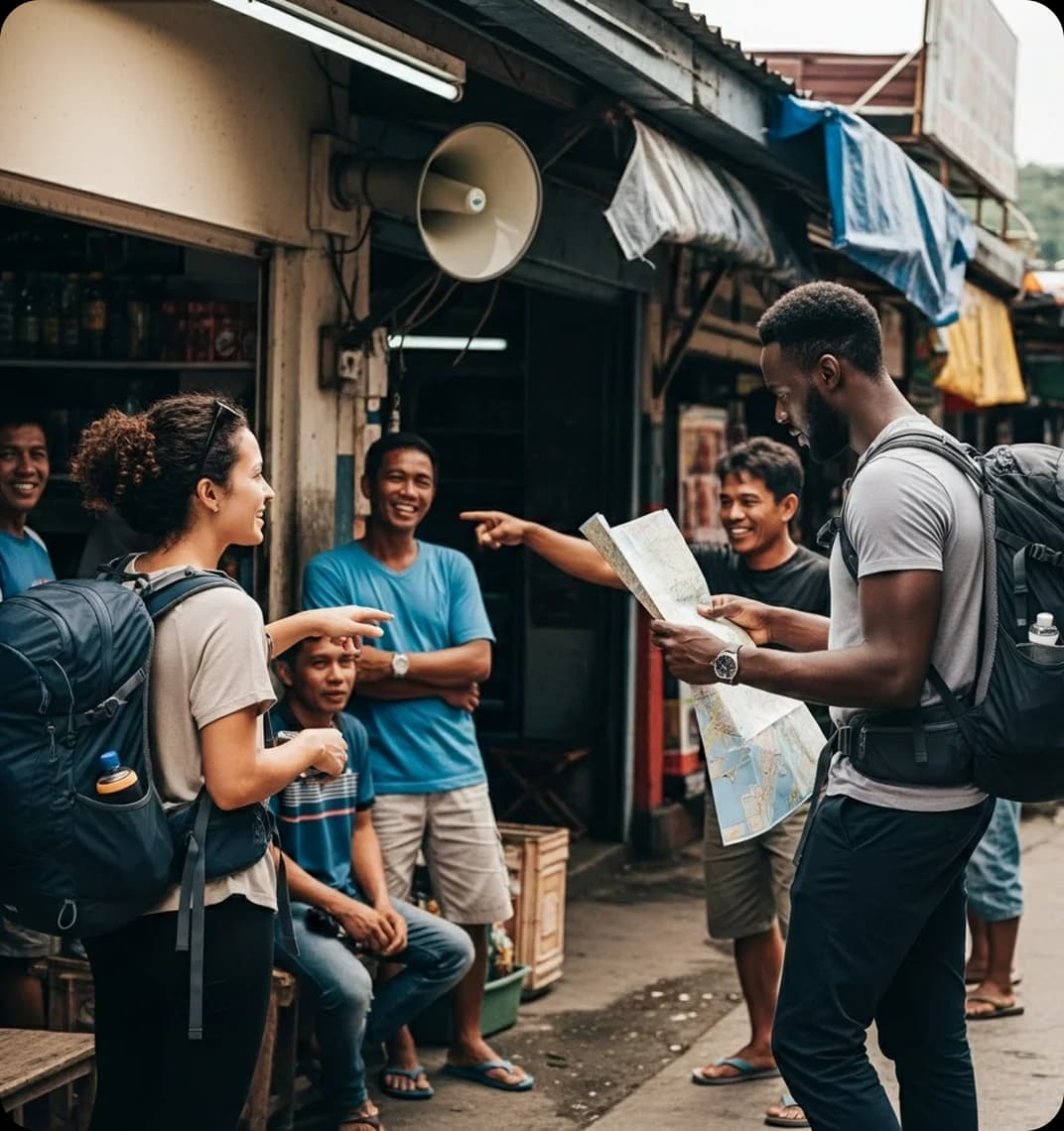 Two tourists in Quezon City ask for directions in Tagalog from locals.